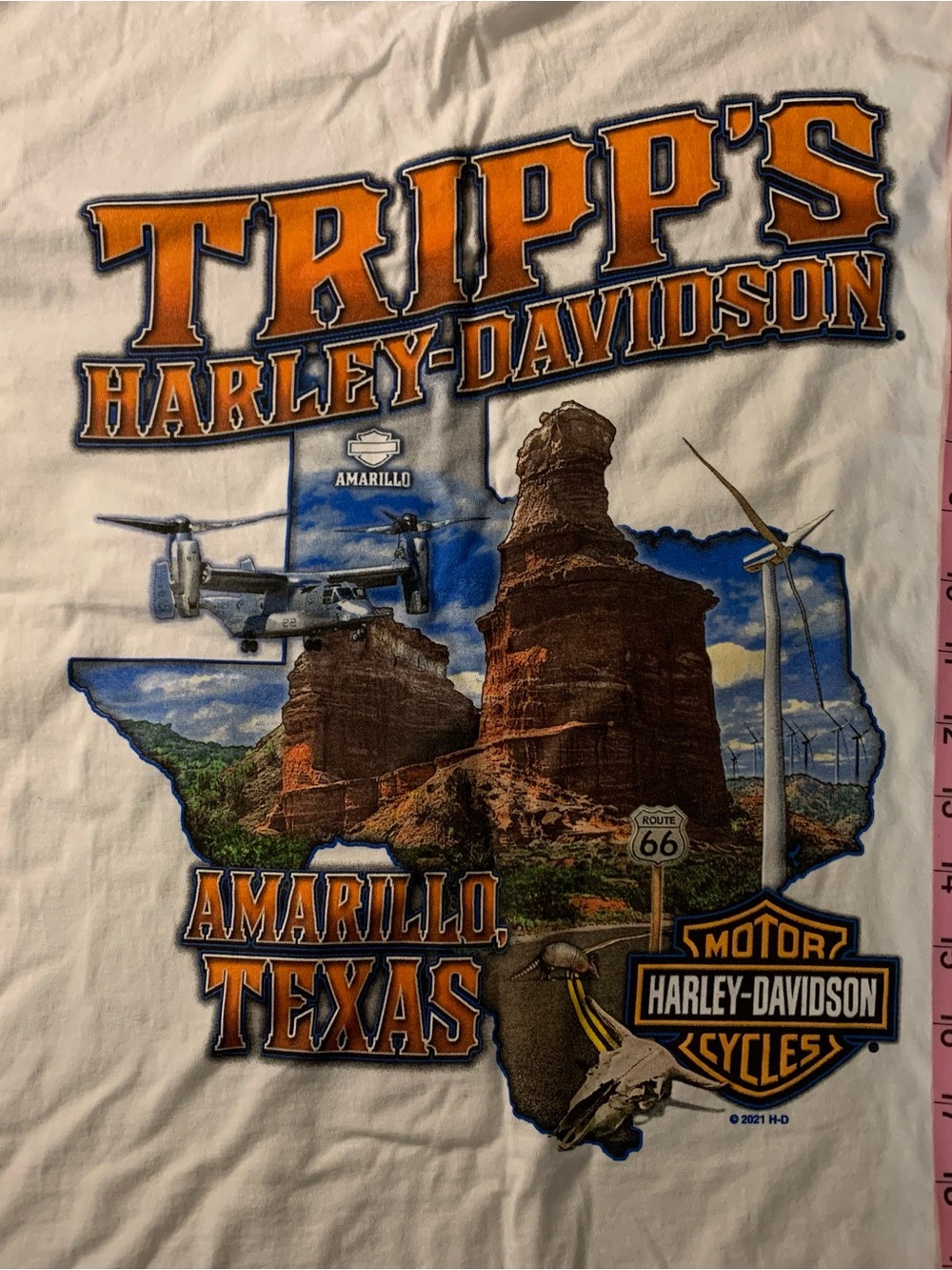 Tripp's Harley-Davidson Amarillo Texas Graphic Tee - White with Orange & Blue M